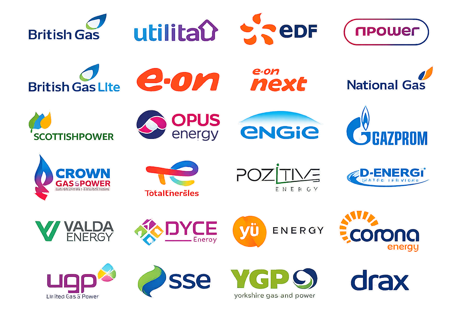 UK energy suppliers we work with — British Gas, EDF, npower, E.ON, ScottishPower, EDF, Opus, Engie, Gazprom, TotalEnergies, Pozitive, D-Energi, Valda, Dyce, Yu Energy, Corona, UGP, SSE, YGP, Drax
